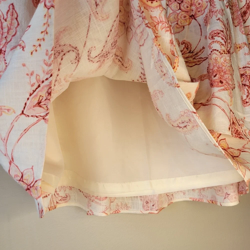 Express Women's Pink Ivory Linen Blend Floral Tiered Ruffle Mini Skirt Sz 14 New